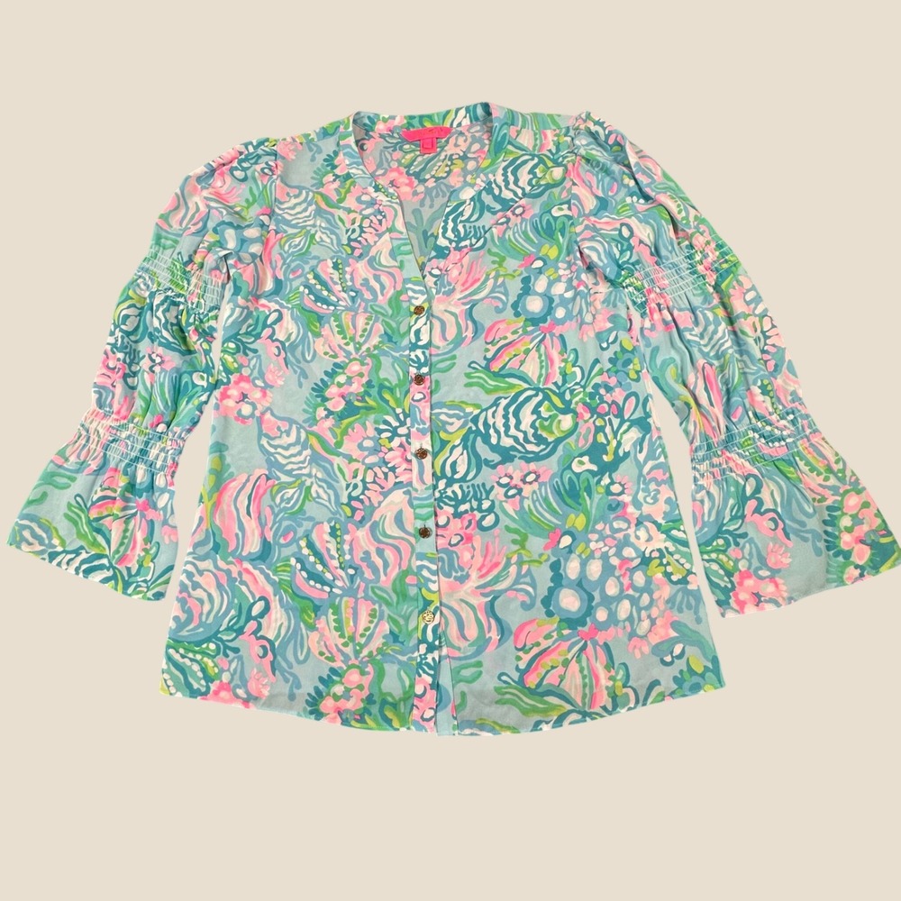 Lilly Pulitzer Women Blue Pink Sea Shell Print Smocked Bell Sleeve Blouse Small